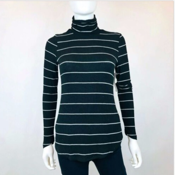 Karen Kane Black Stripe Long Sleeve Turtleneck Top - Picture 2 of 6